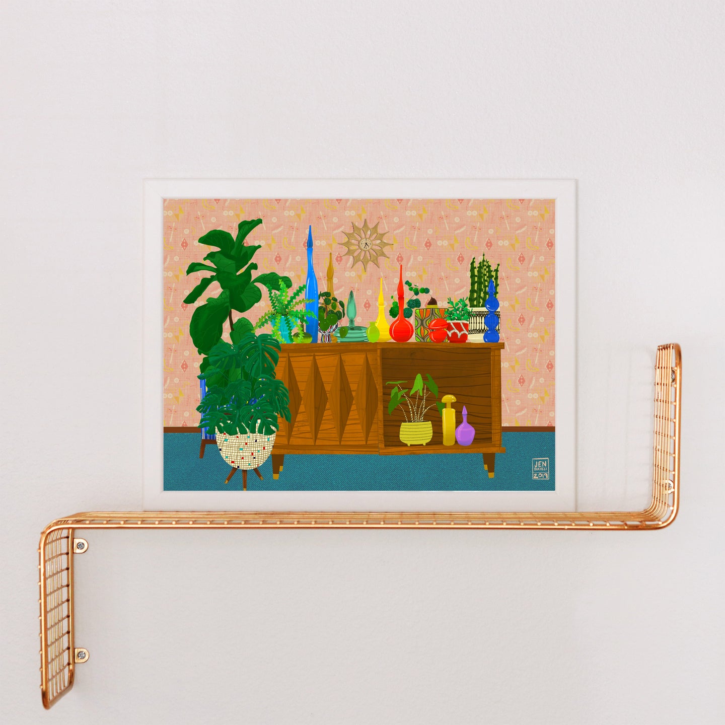 Mid-Century Modern Diamond Console with Plants, Pottery, and Vases Art Print