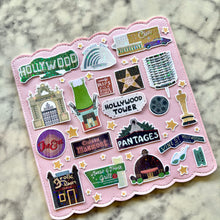 Load image into Gallery viewer, a collection of old hollywood themed stickers that are laminated in a starburst holographic vinyl