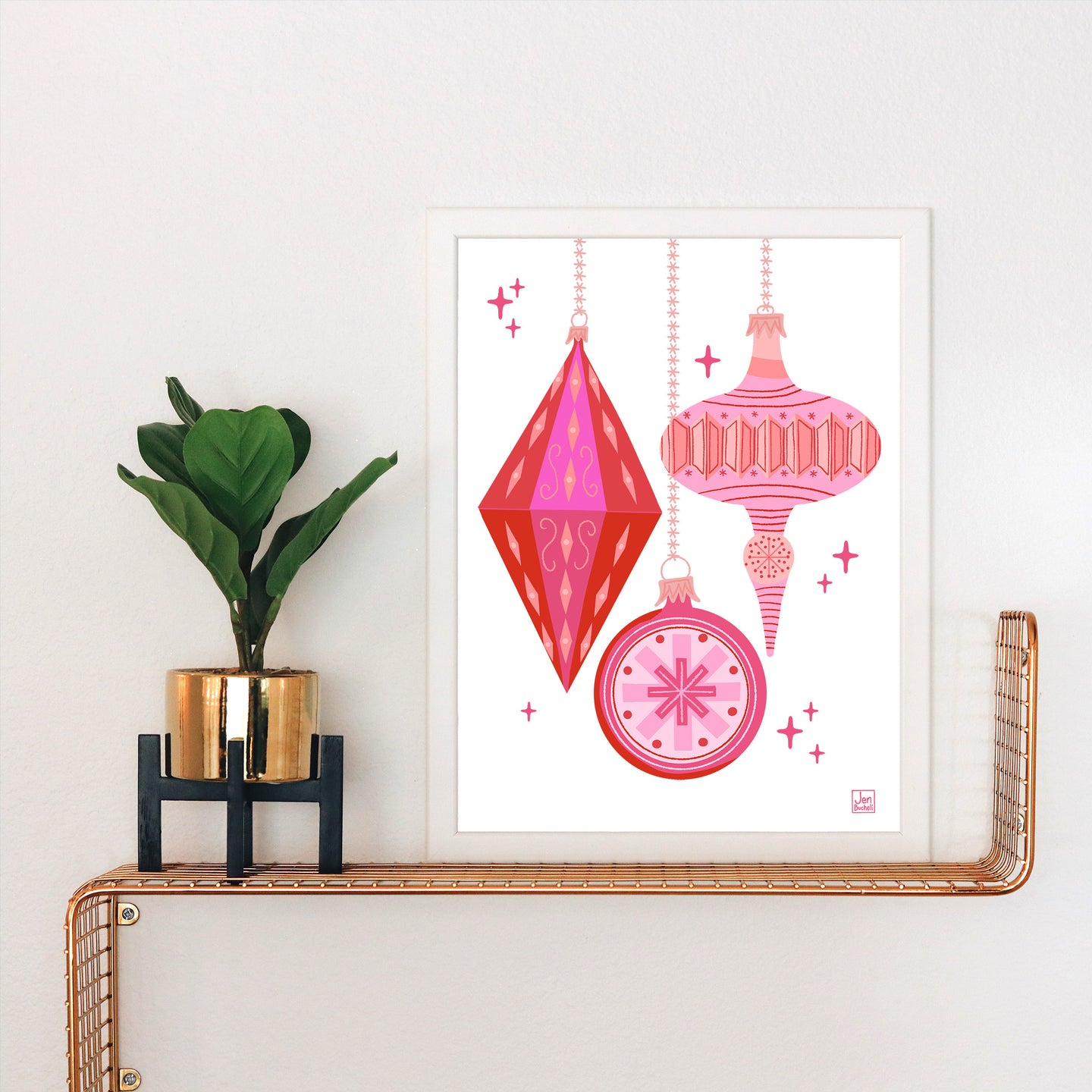 Mod Christmas Ornaments Pink and Red Art Print