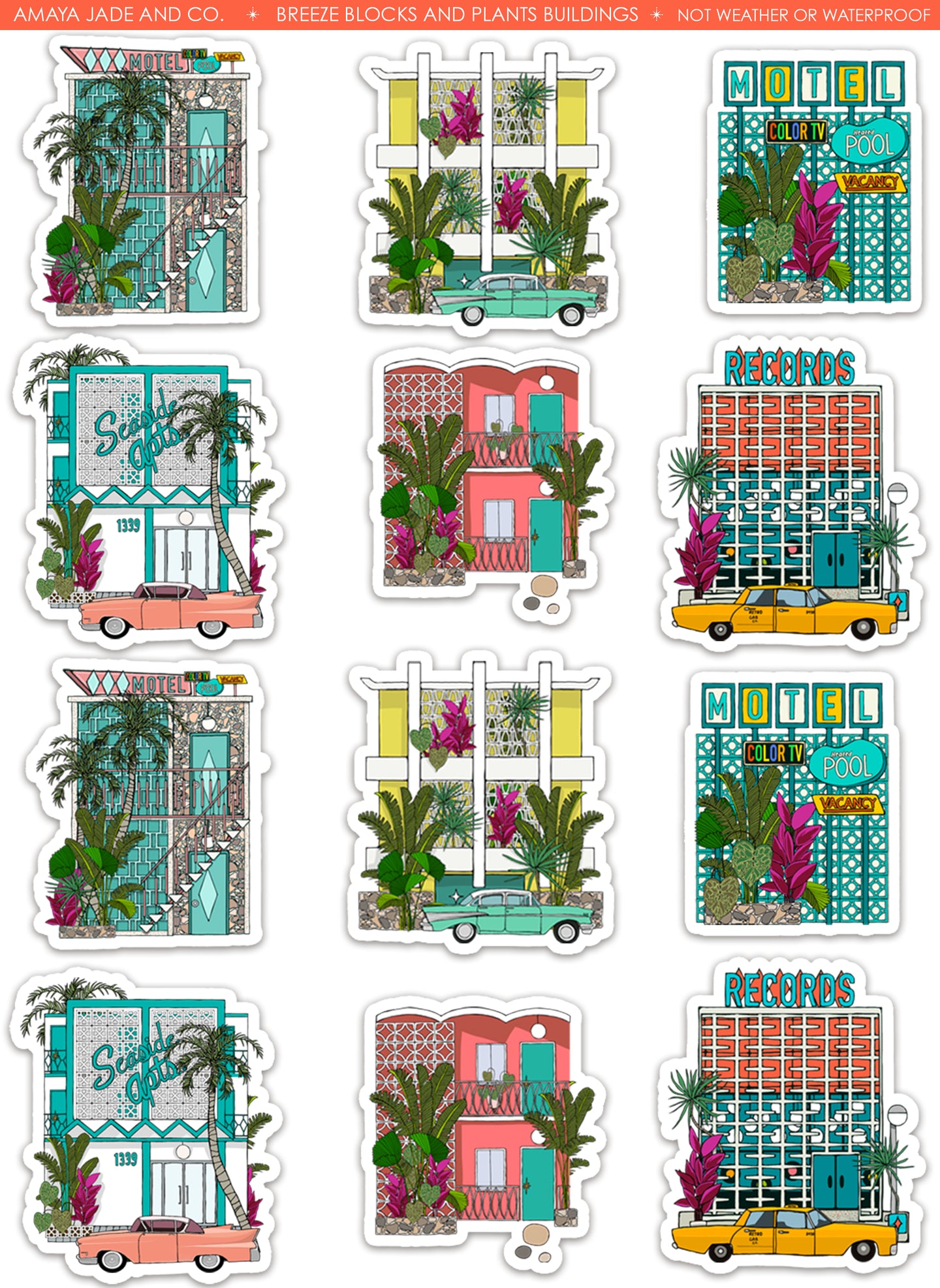 Breeze Blocks and Plants Buildings Art Sticker Set