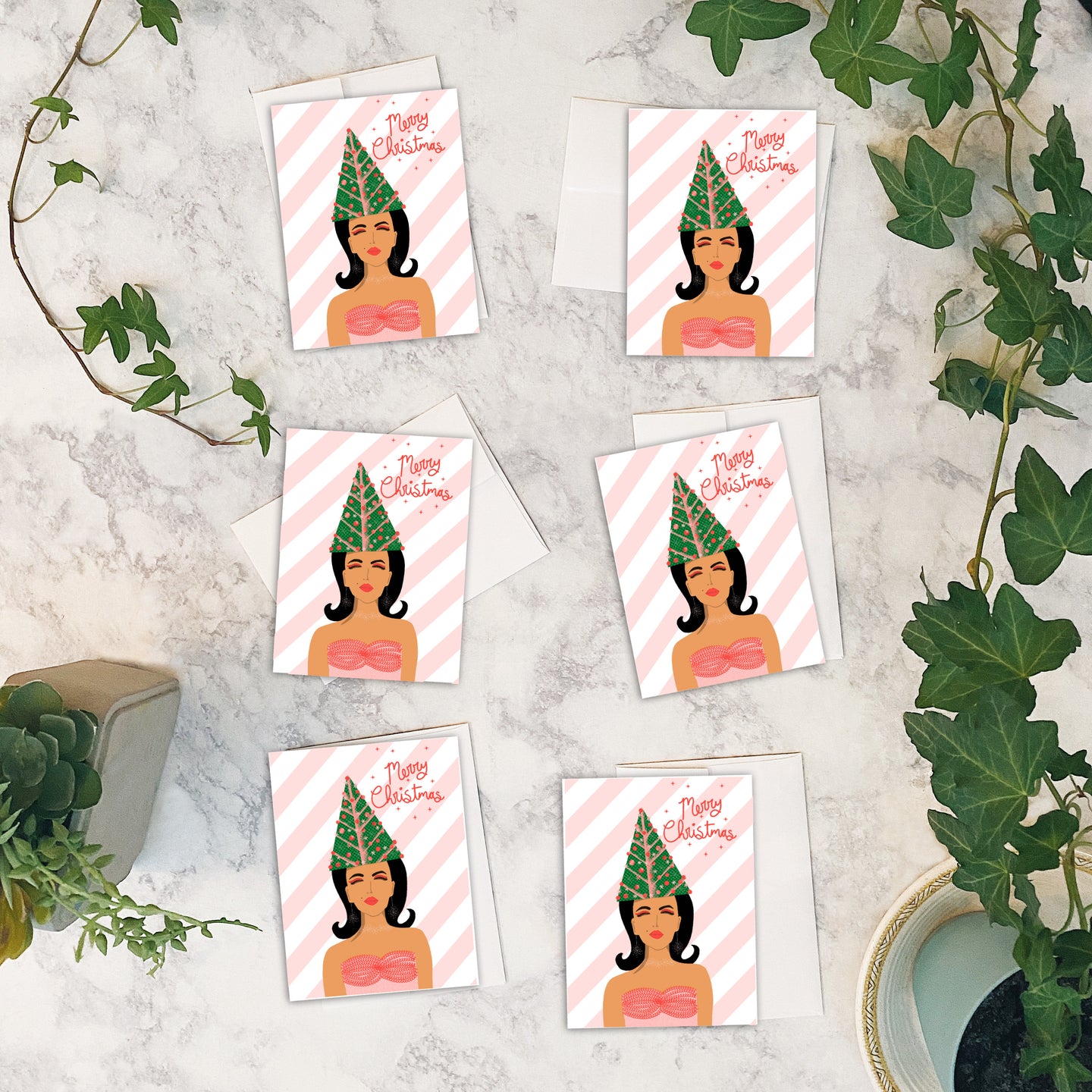 Mod Christmas Tree Hair cards w/envelopes Set of 6