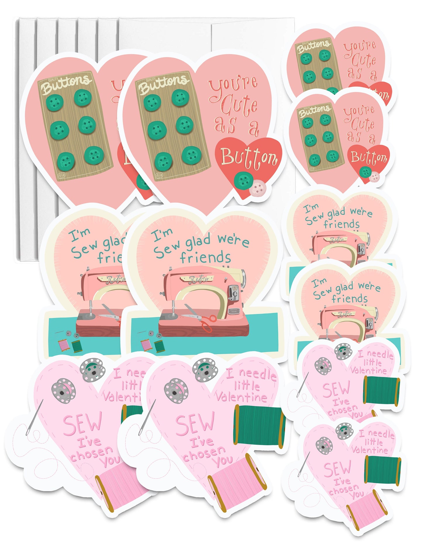 Set of 6 Sewing Valentines, Envelopes, and 6 matching stickers