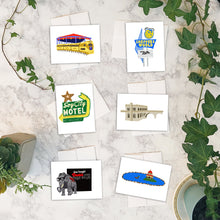 Load image into Gallery viewer, Decatur, Illinois Cards w/envelopes Set of 6 with Chaps Amusement park, Shoppers World Sign, Soy City Motel Sign, The Staley Pump House, Dante's Italian Restaurant, and The Dreamland Lake Duck Pond