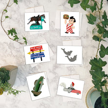 Load image into Gallery viewer, Decatur, Illinois Cards w/envelopes Set of 6 with Sandy the Horse, Big Boy, Pla-Mor Lanes Bowling Alley Sign, The Dolphins, The Big Fish, and The Chicken Car.