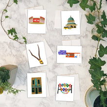 Load image into Gallery viewer, Decatur, Illinois Cards w/envelopes Set of 6 with Lincoln Theater Sign, The Transfer House, The Bikini Tree, Elam's Drive-In Restaurant, The Chinese Tea Garden, and Joy Land