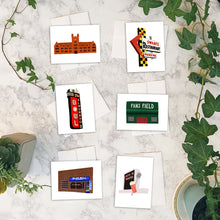 Load image into Gallery viewer, Decatur, Illinois Cards w/envelopes Set of 6 with Millikin University, Swartz Restaurant Sign, Eldorado Bowl Sign, Fans Field, The Blue Mill, and the Drive-In Theater