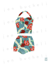 Load image into Gallery viewer, Vintage Blue Hibiscus Bathing Suit Art Print