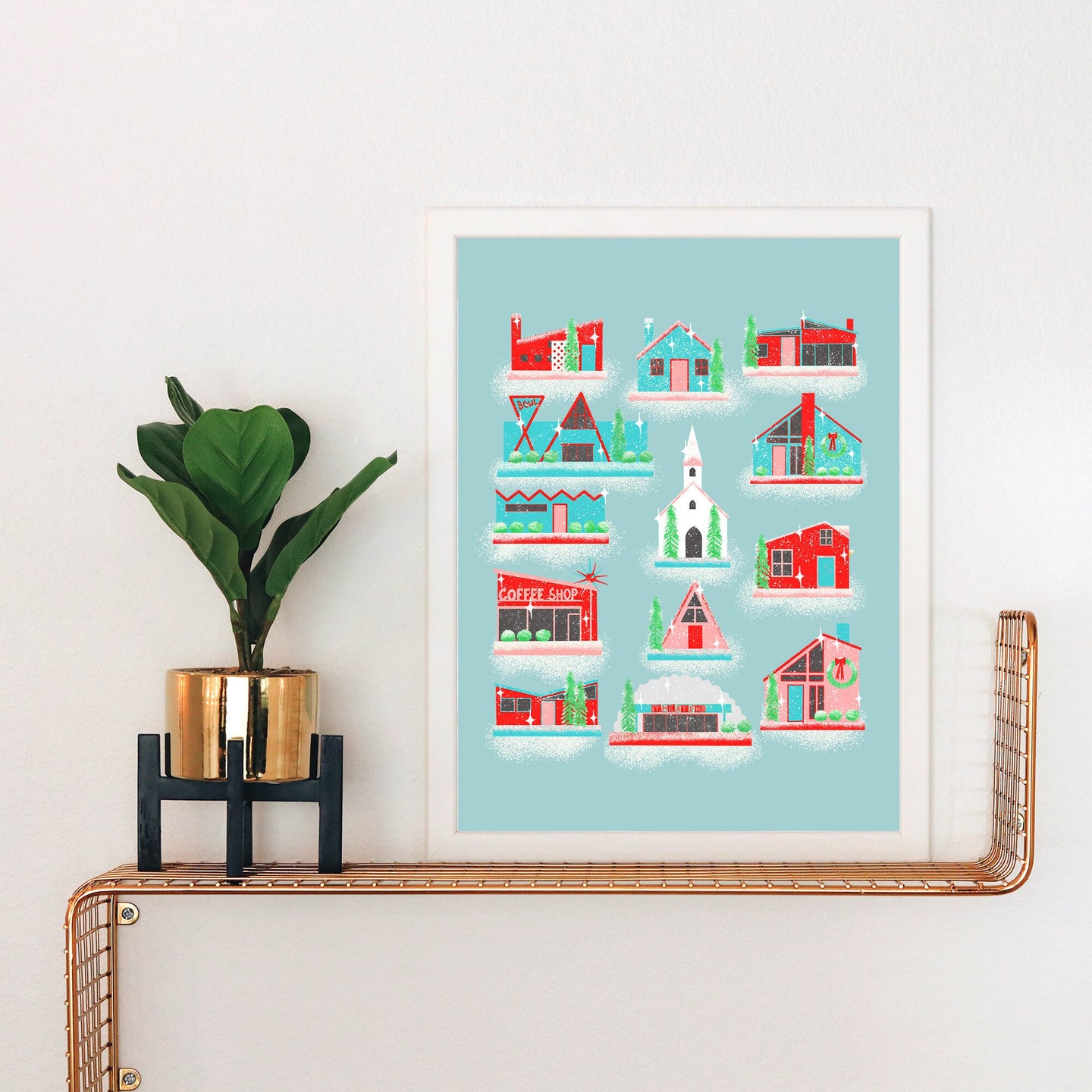 Putz Houses Snow Village in Pink, Red, and Turquoise Art Print