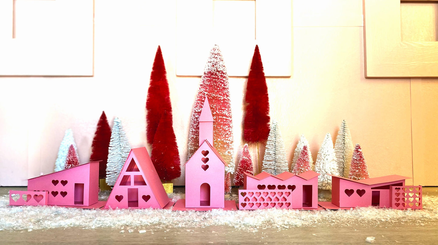 Mod Valentine Putz Houses DIY Kit Set of 5 Pink