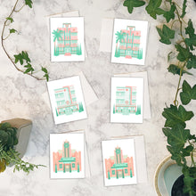 Load image into Gallery viewer, Art Deco Christmas Buildings Card w/envelopes Set Note cards Set of 6