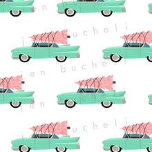 Load image into Gallery viewer, Aqua Car with Pink Christmas Tree Specialty Art Wrapping Paper One of a Kind