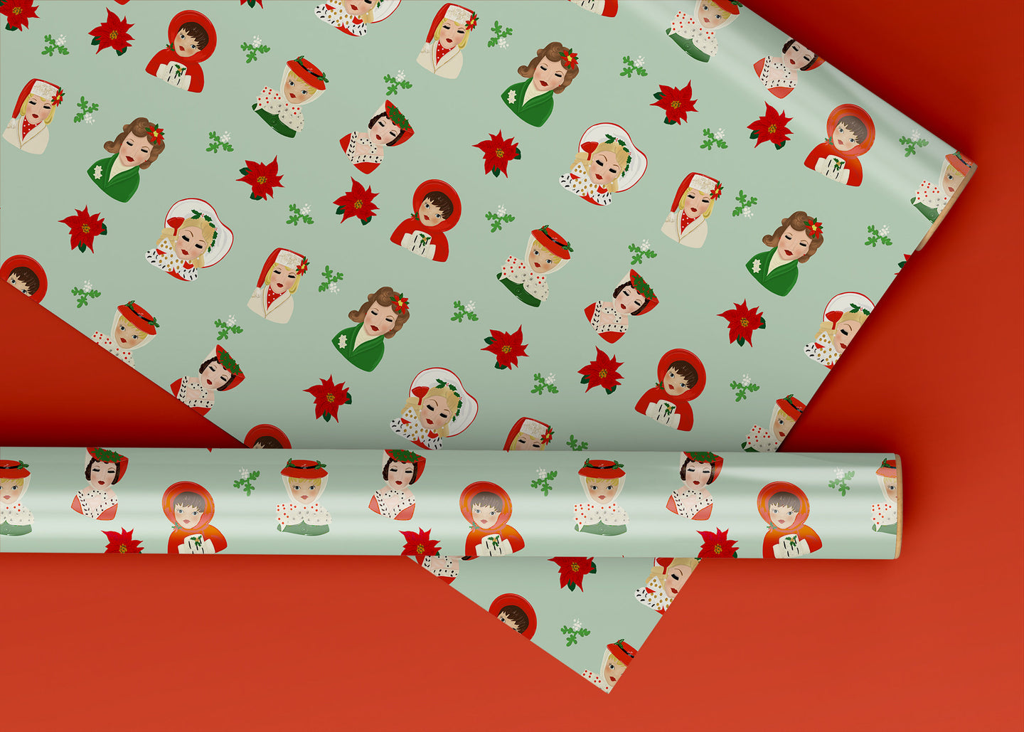 Christmas Lady Head Vases Specialty Art Wrapping Paper One of a Kind