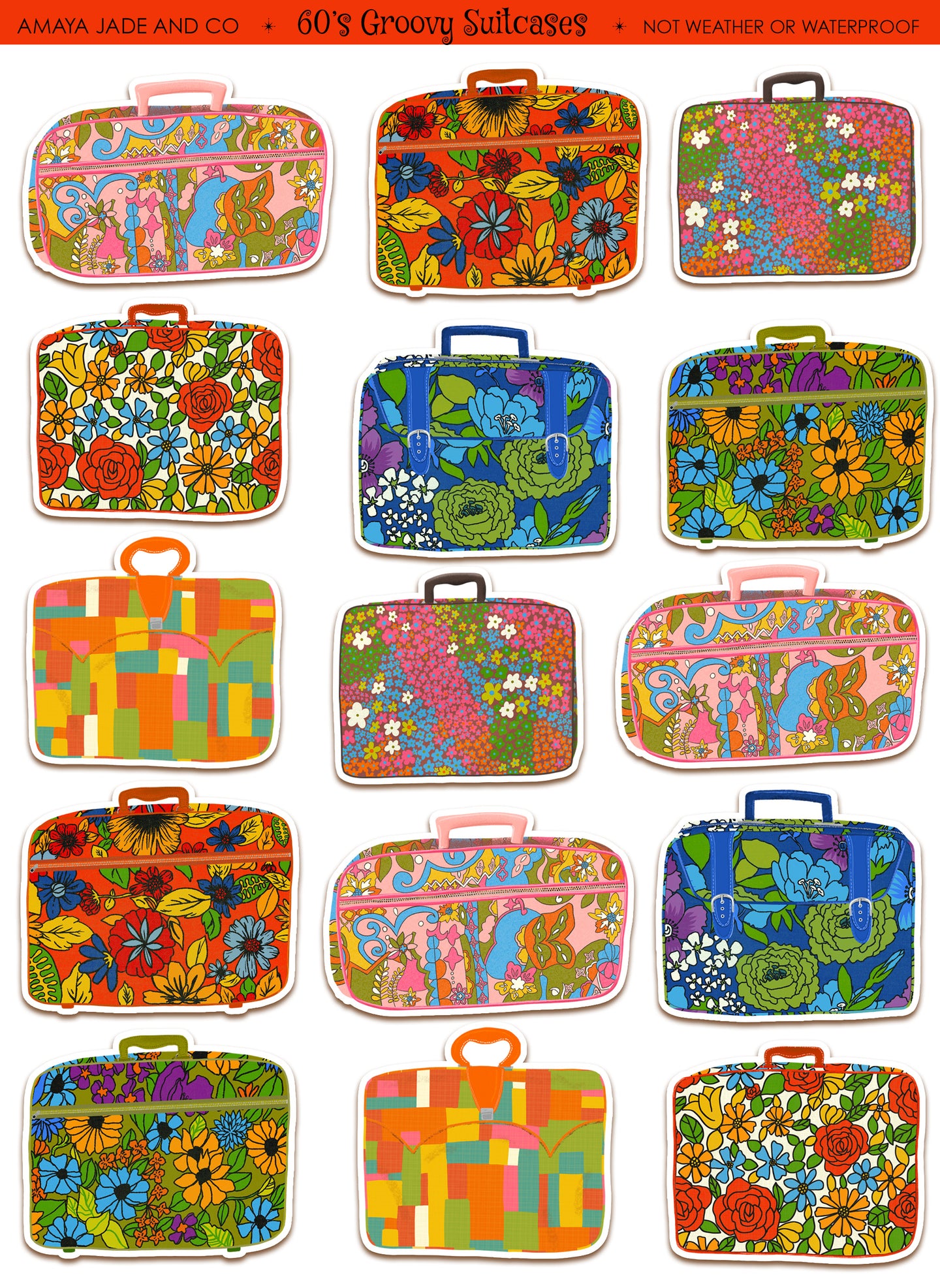 60's Groovy Suitcases Art Sticker Set