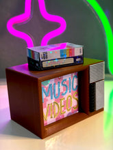 Load image into Gallery viewer, 80s Retro Television and VHS Tapes Miniature – Holographic Sticker Accents – 3D Printed 80s Desk Trinket &amp; Shelf Decor
