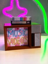Load image into Gallery viewer, 80s Retro Television and VHS Tapes Miniature – Holographic Sticker Accents – 3D Printed 80s Desk Trinket &amp; Shelf Decor
