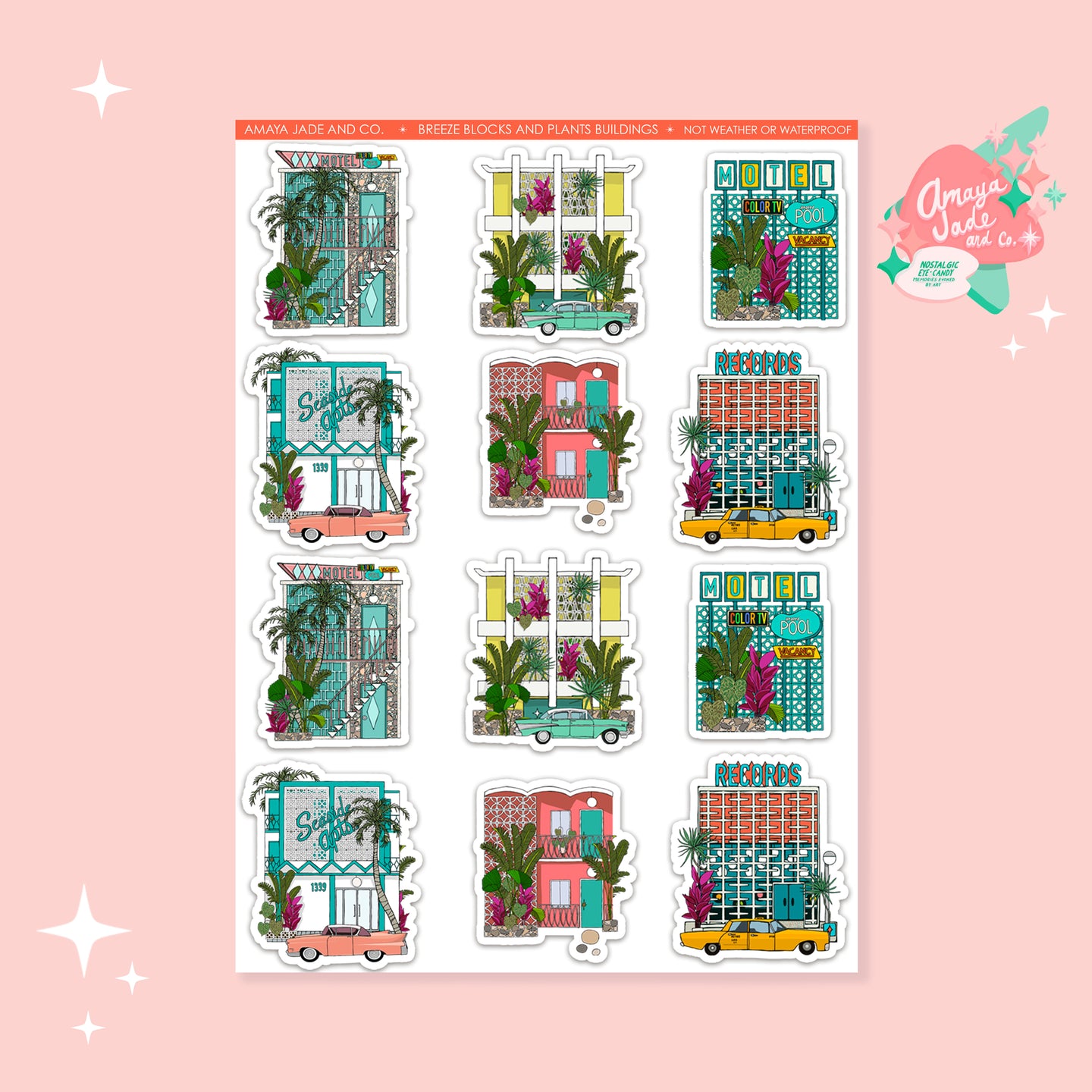 Breeze Blocks and Plants Buildings Art Sticker Set