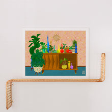 Load image into Gallery viewer, Mid-Century Modern Diamond Console with Plants, Pottery, and Vases Art Print
