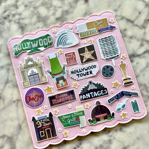 a collection of old hollywood themed stickers that are laminated in a starburst holographic vinyl