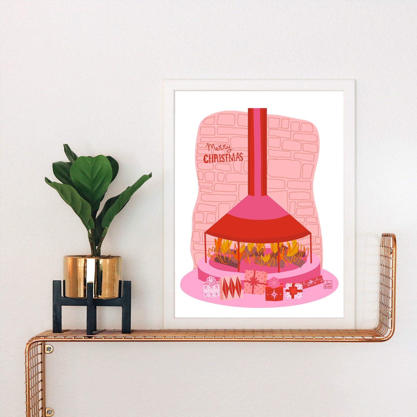 Mod Christmas Fireplace Pink and Red Art Print