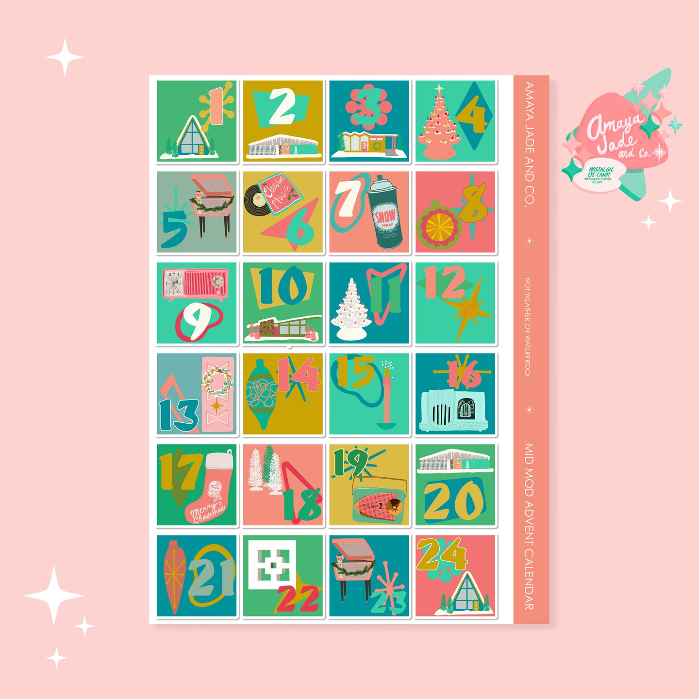 Mid Mod Christmas Advent Calendar Art Sticker Set