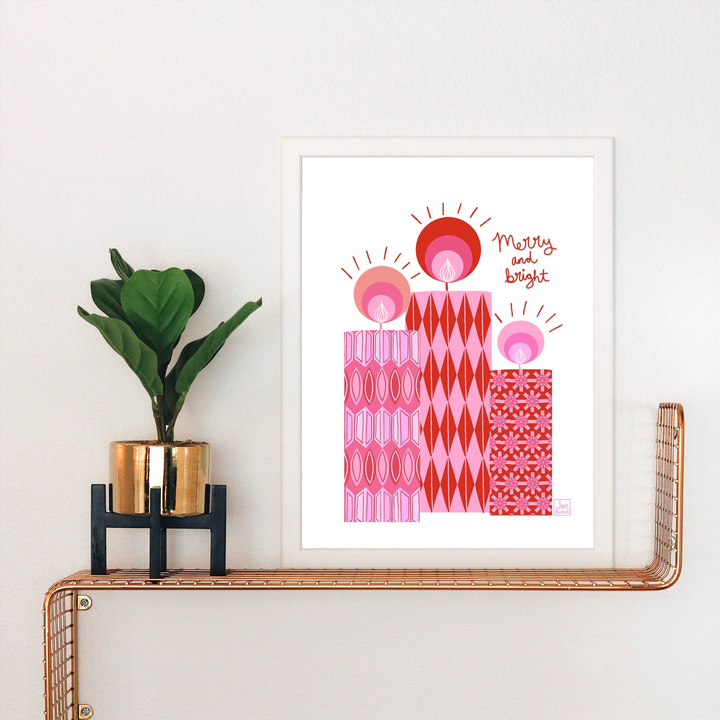 Mod Christmas Candles Pink and Red Art Print