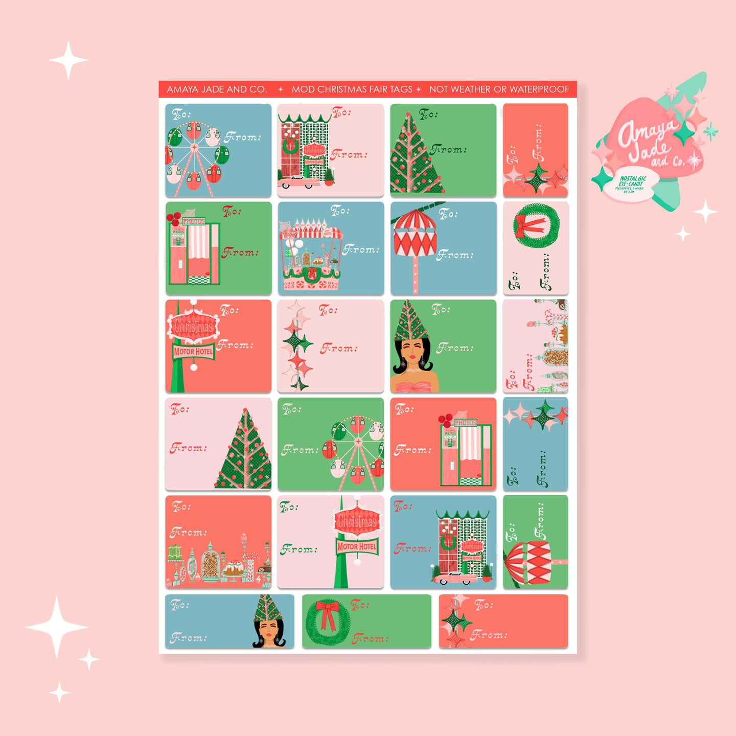 Mod Christmas Fair Tags Labels Art Sticker Set