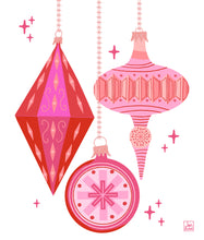 Load image into Gallery viewer, Mod Christmas Ornaments Pink and Red Art Print

