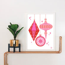 Load image into Gallery viewer, Mod Christmas Ornaments Pink and Red Art Print
