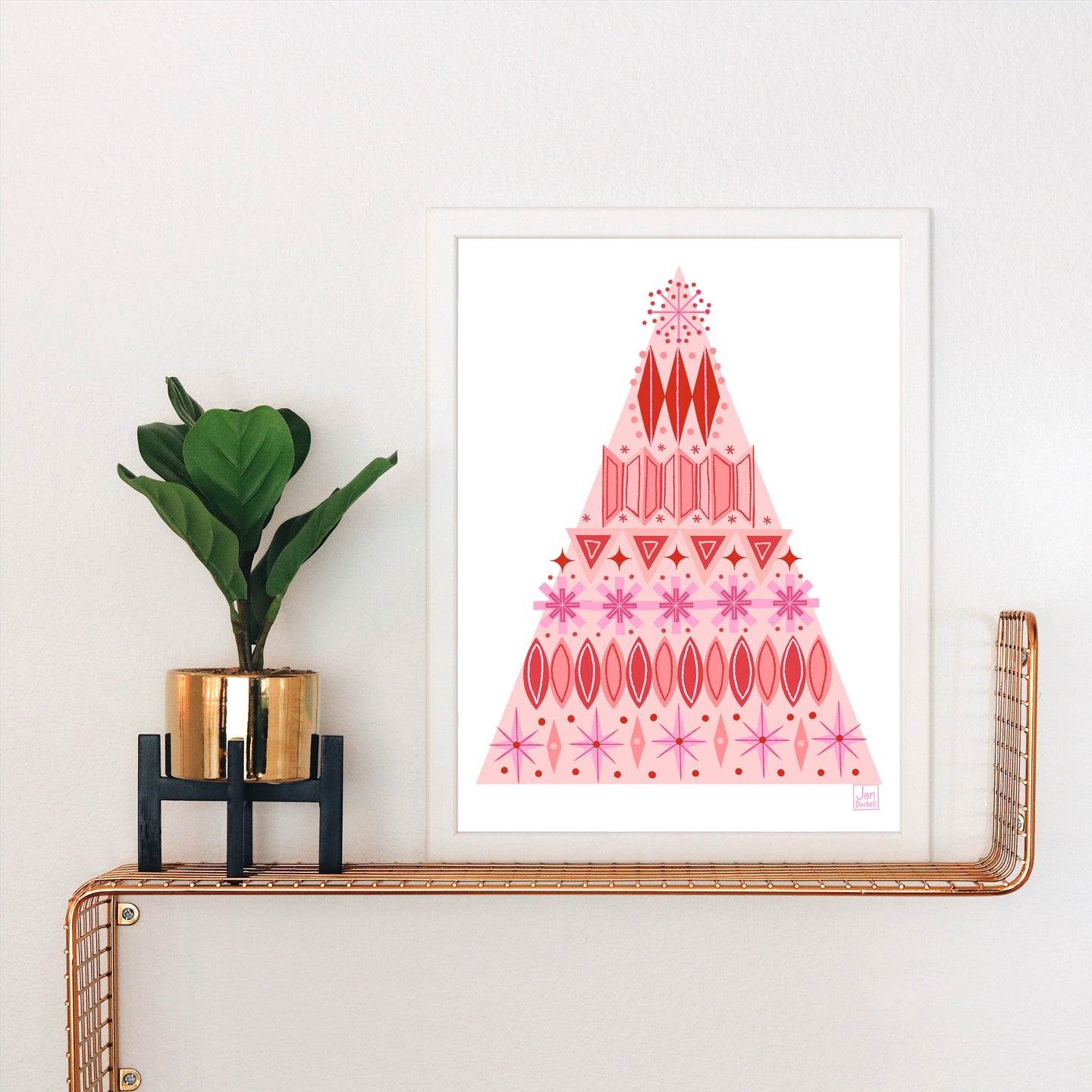 Mod Christmas Tree Pink and Red Art Print