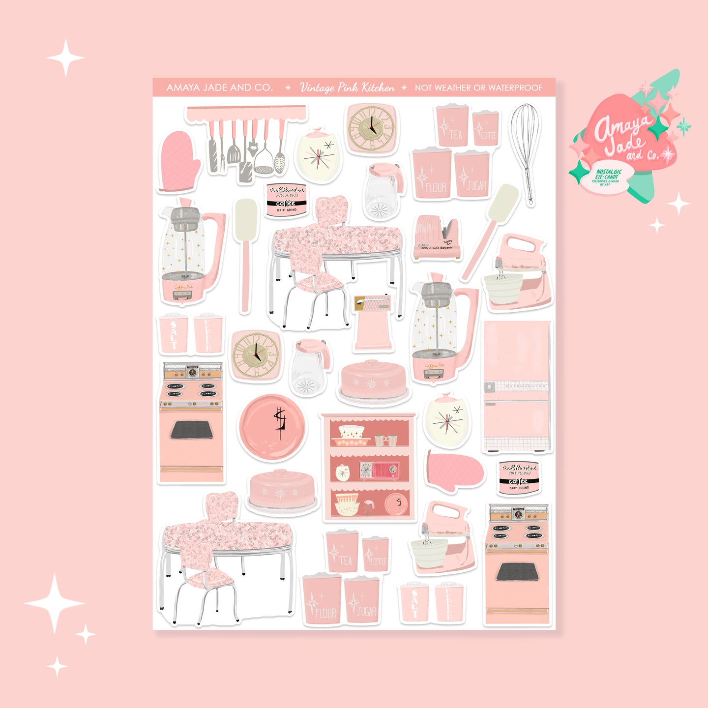 Vintage Pink Kitchen Items Art Sticker Set