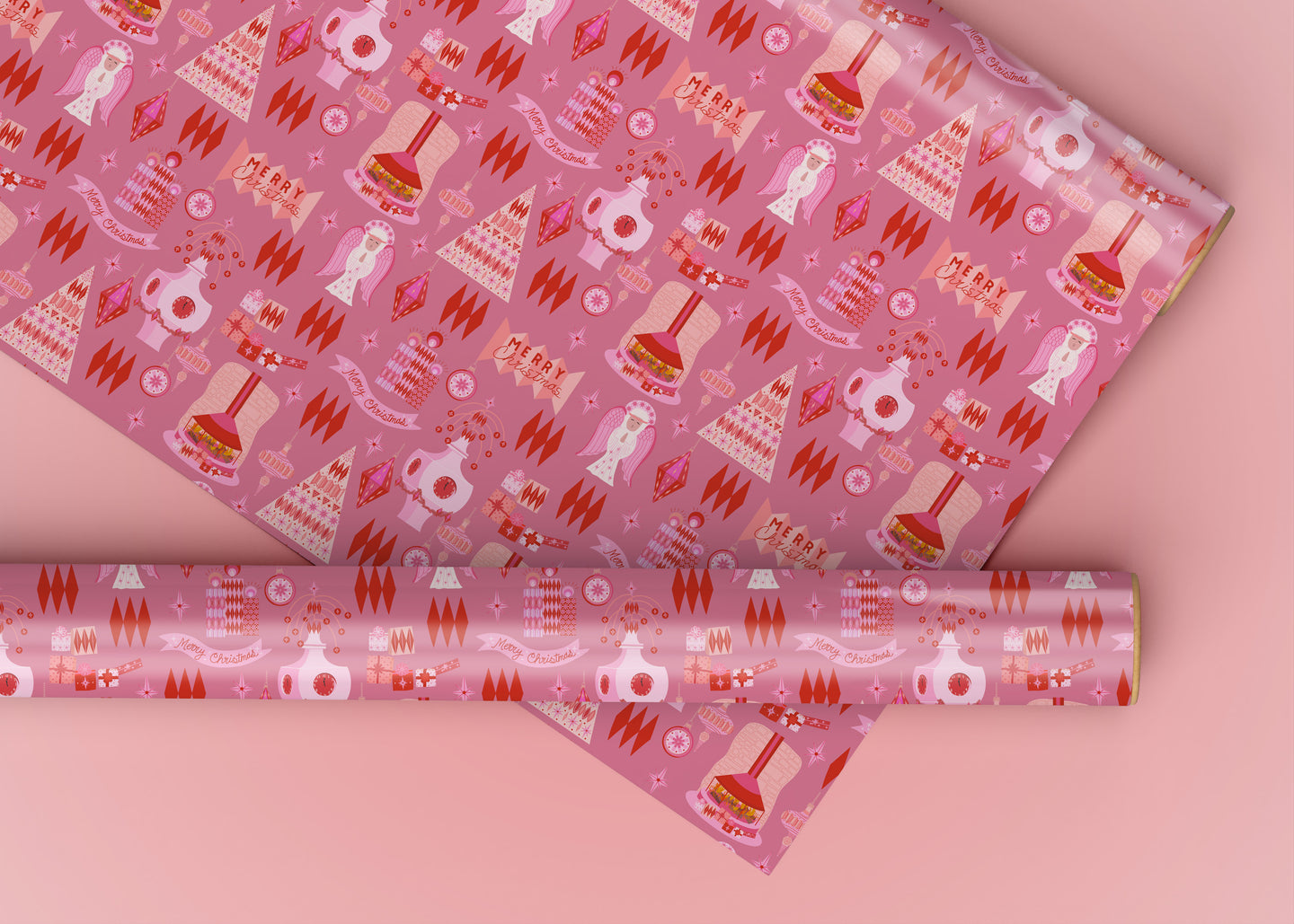Mod Christmas Red and Pink Specialty Art Wrapping Paper One of a Kind