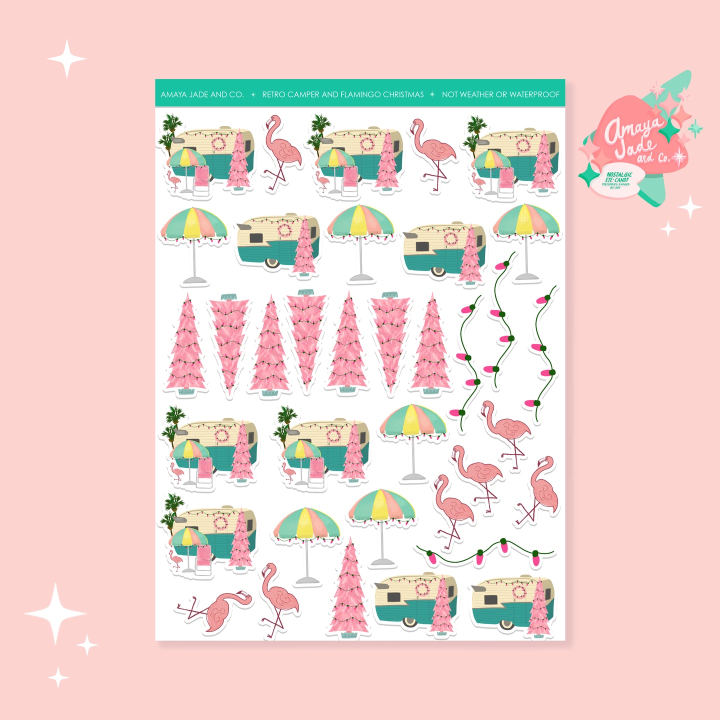 Retro Camper and Flamingo Christmas Art Sticker Set