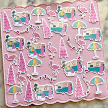 Load image into Gallery viewer, Retro Camper and Flamingo Christmas Holographic Vinyl Sticker Pack
