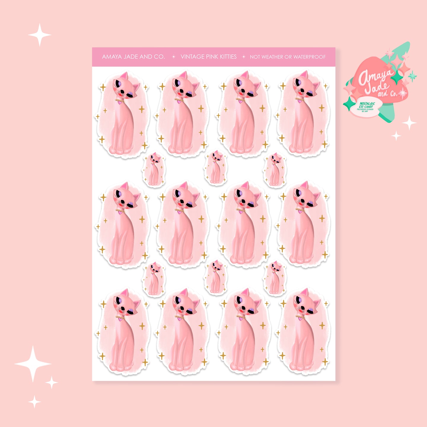 Vintage Pink Kitty Art Sticker Set