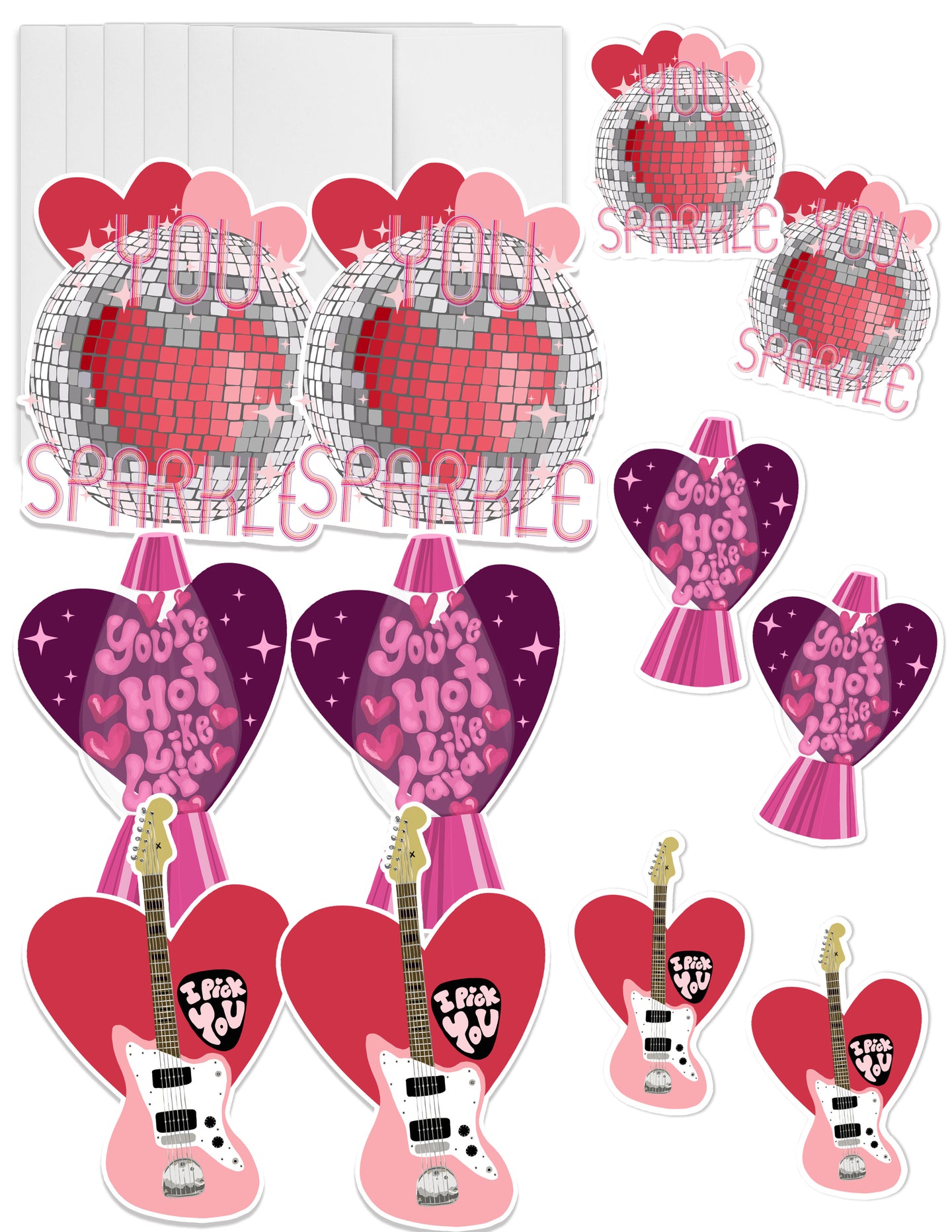 Set of 6 70's Valentines, Envelopes, and 6 matching stickers