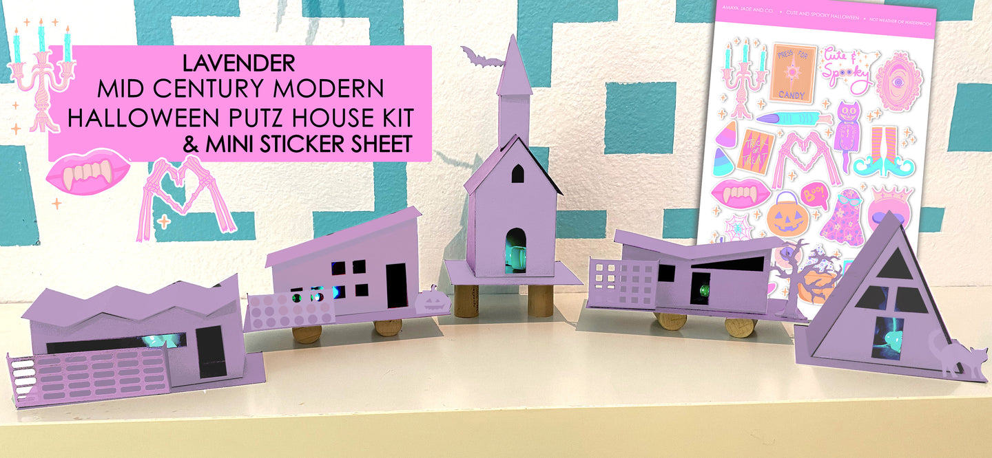 Limited Edition Lavender Mod Putz Houses Halloween DIY Kit Set of 5 Undecorated and Mini Sticker Sheet