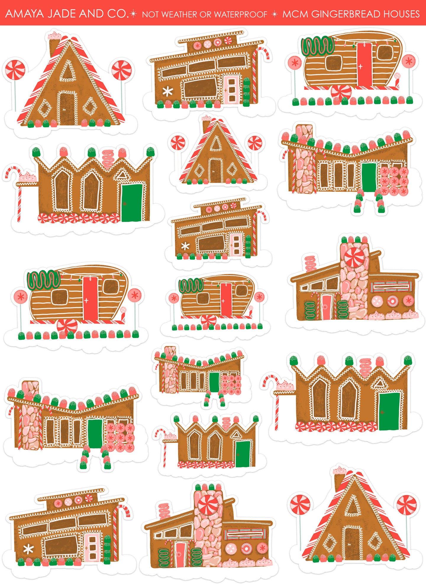 Mid Century Modern Gingerbread Houses Art Sticker Set