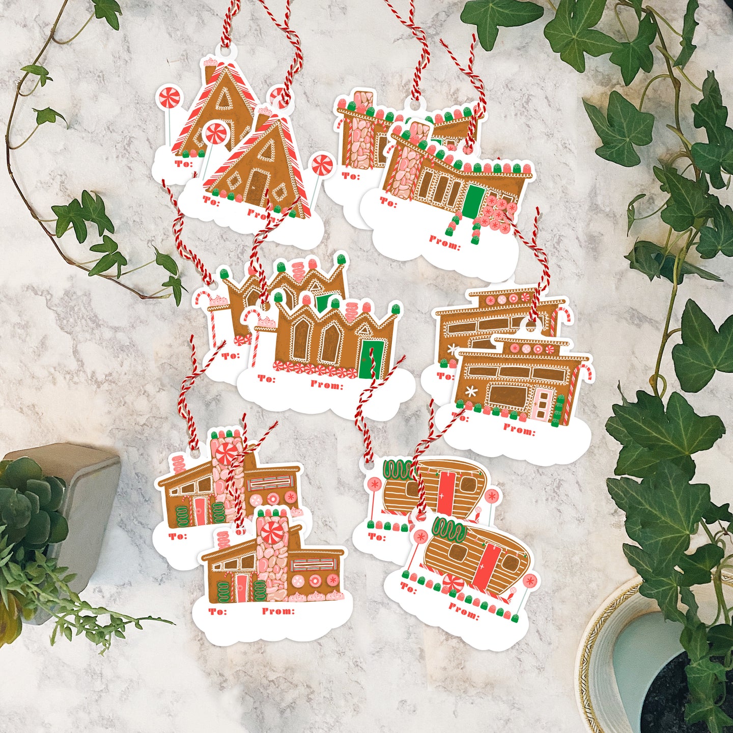 Mid Century Modern Gingerbread Houses Gift Tag Set of 13