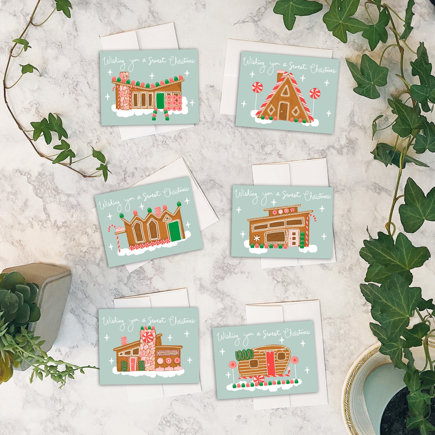 Mid Century Modern Individual Gingerbread Houses Christmas Cards w/envelopes Set of 6