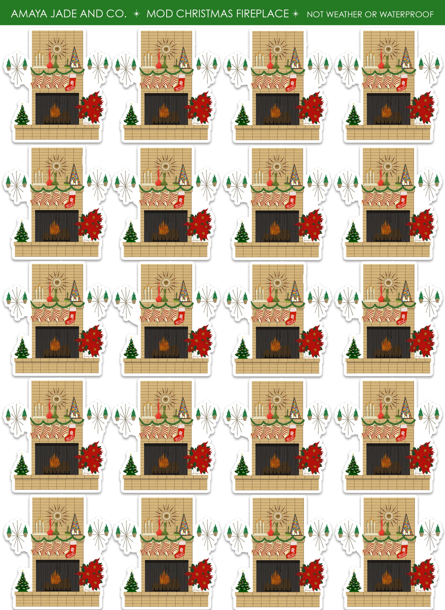 Mod Christmas Fireplace Art Sticker Set