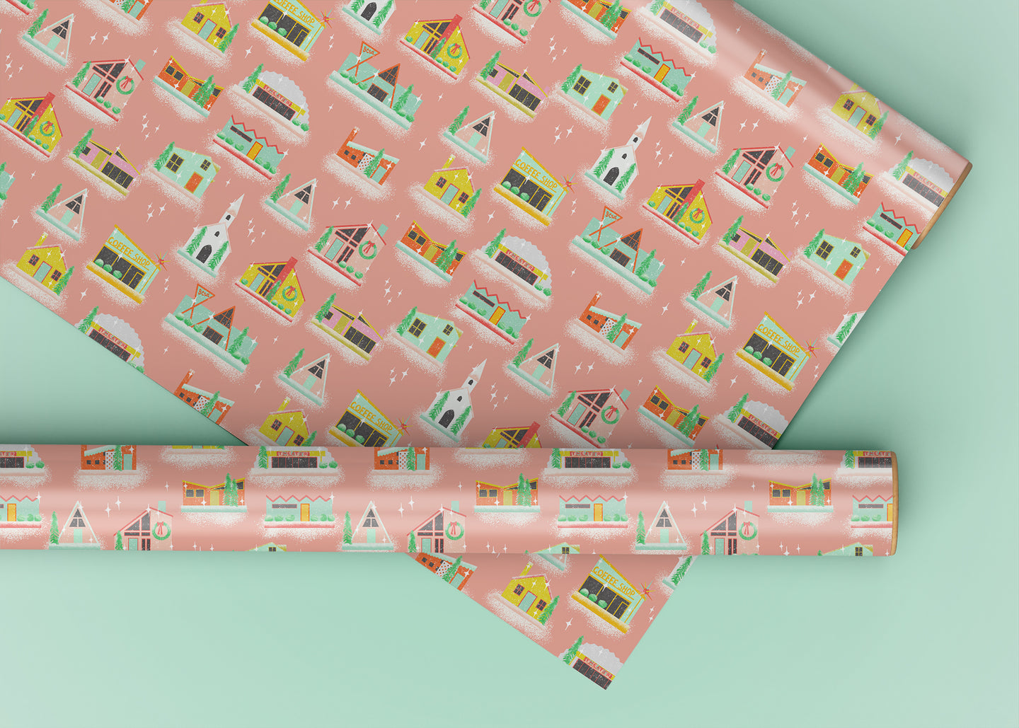 Mod Putz Houses Pink Specialty Art Wrapping Paper One of a Kind