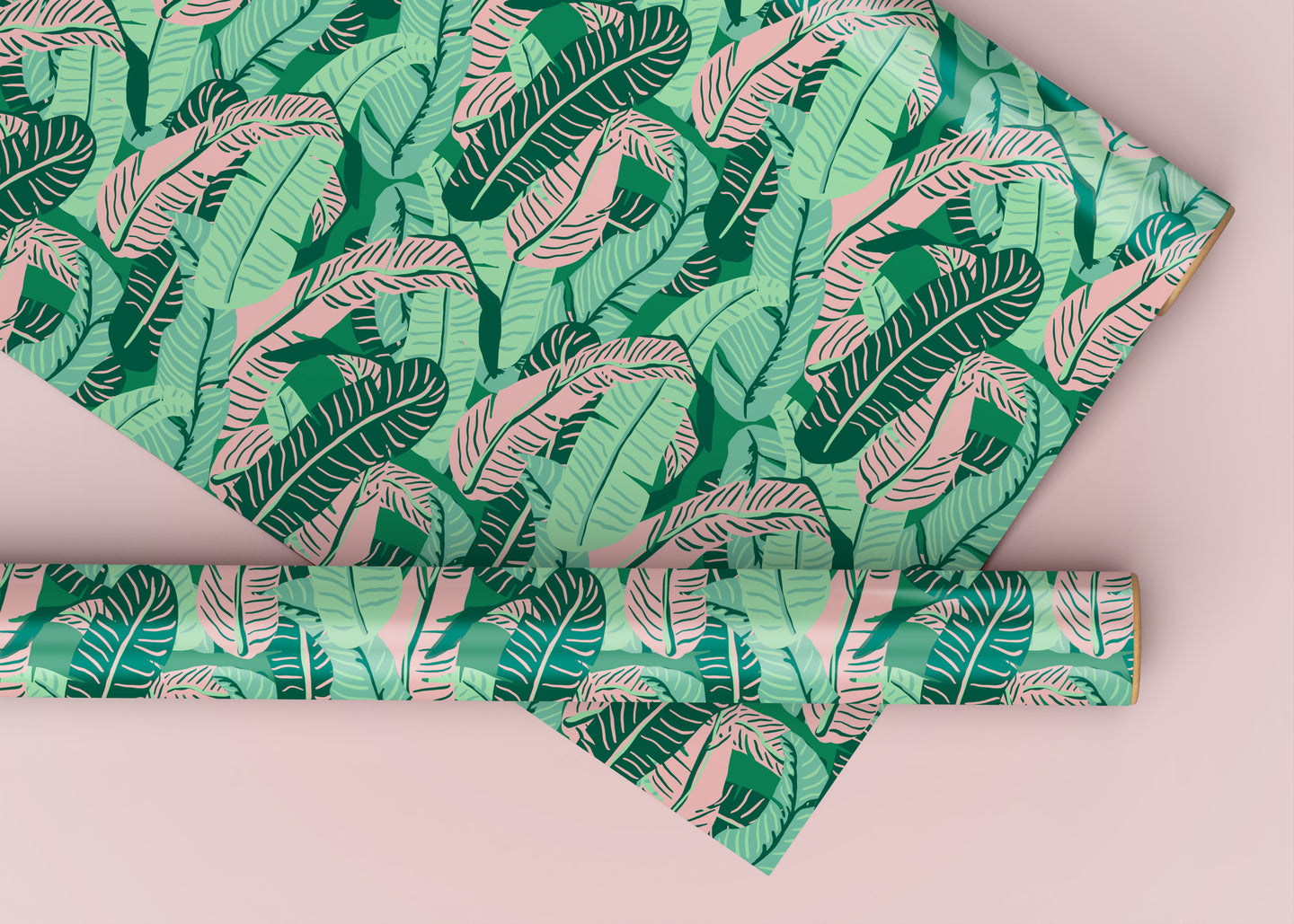Pink and Green Banana Leaves Specialty Art Wrapping Paper One of a Kind