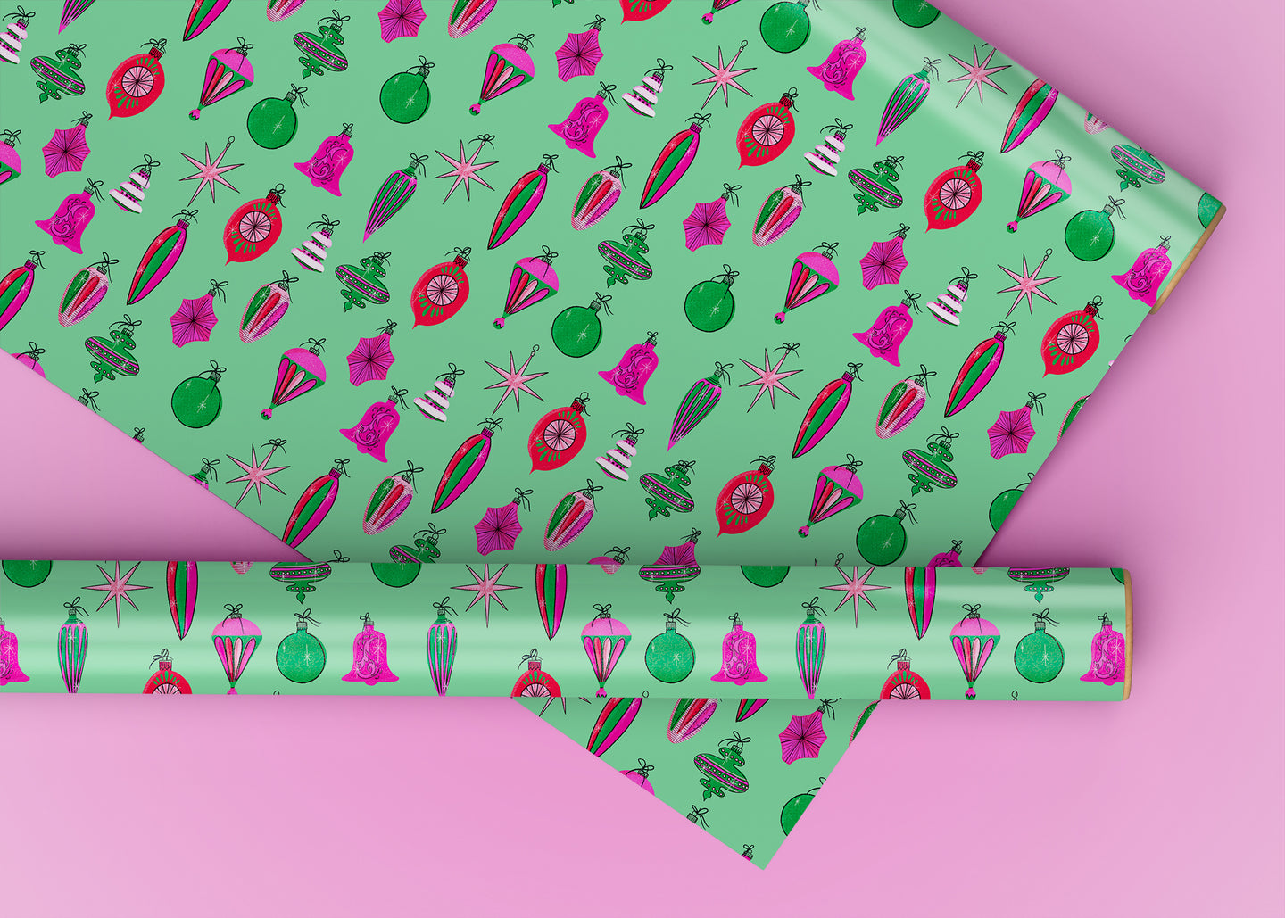 Pink and Green Ornaments Green Background Specialty Art Wrapping Paper One of a Kind