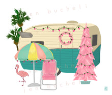 Load image into Gallery viewer, Retro Camper and Flamingo Christmas Art Print
