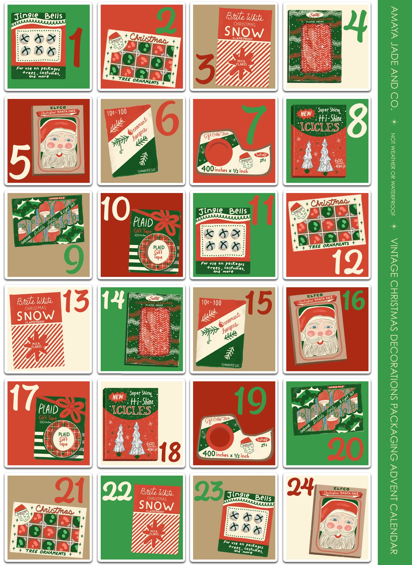 Vintage Christmas Decorations Packaging Advent Calendar Art Sticker Set