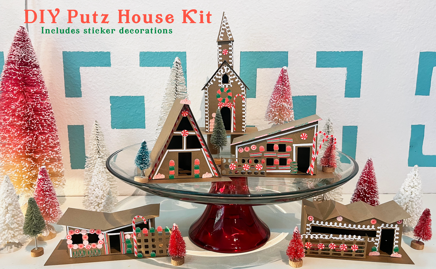 Mod Putz Gingerbread Houses DIY Kit Set of 5 Undecorated and Sticker Sheet for Decorating