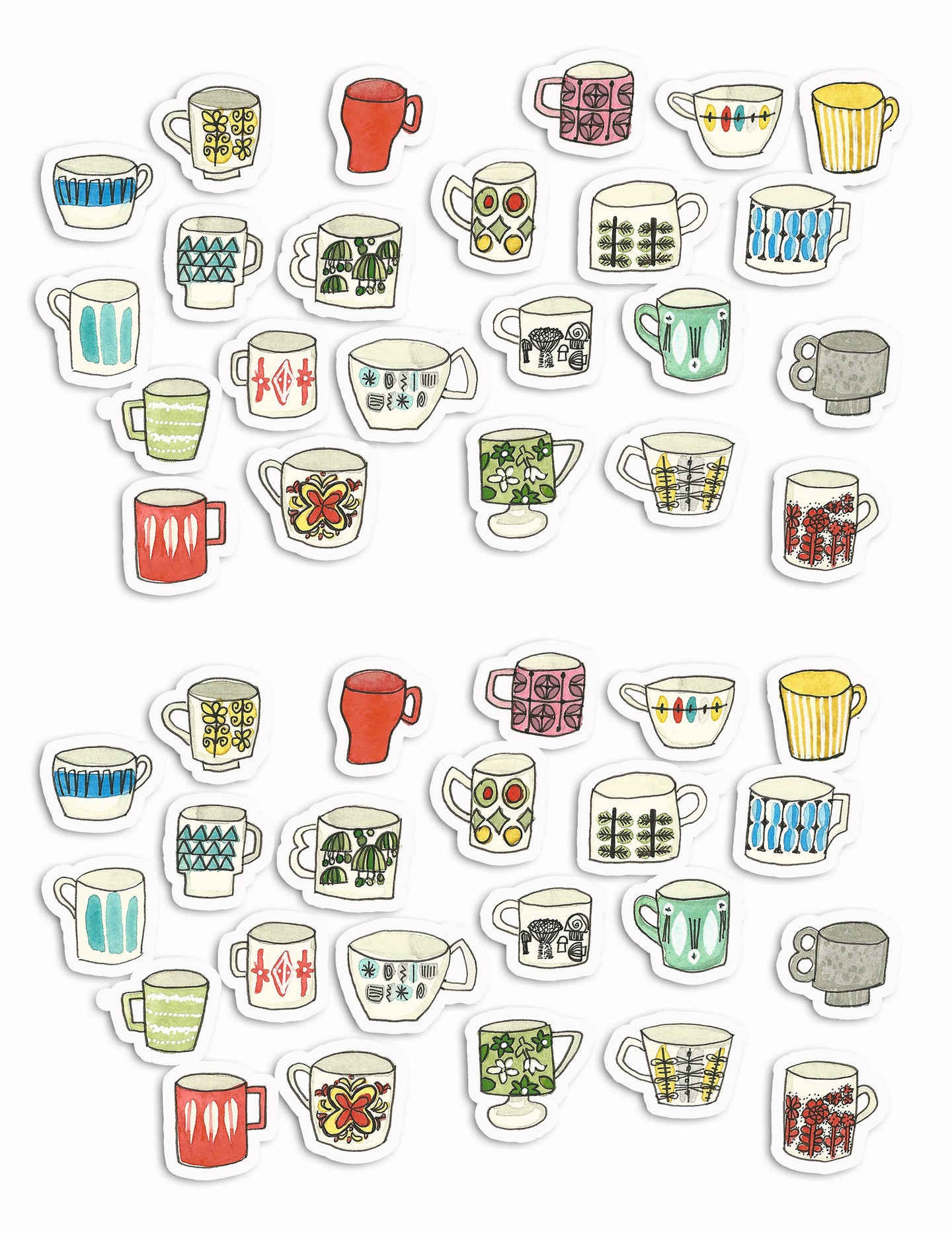 Mid Century Modern Mugs Art Sticker Set