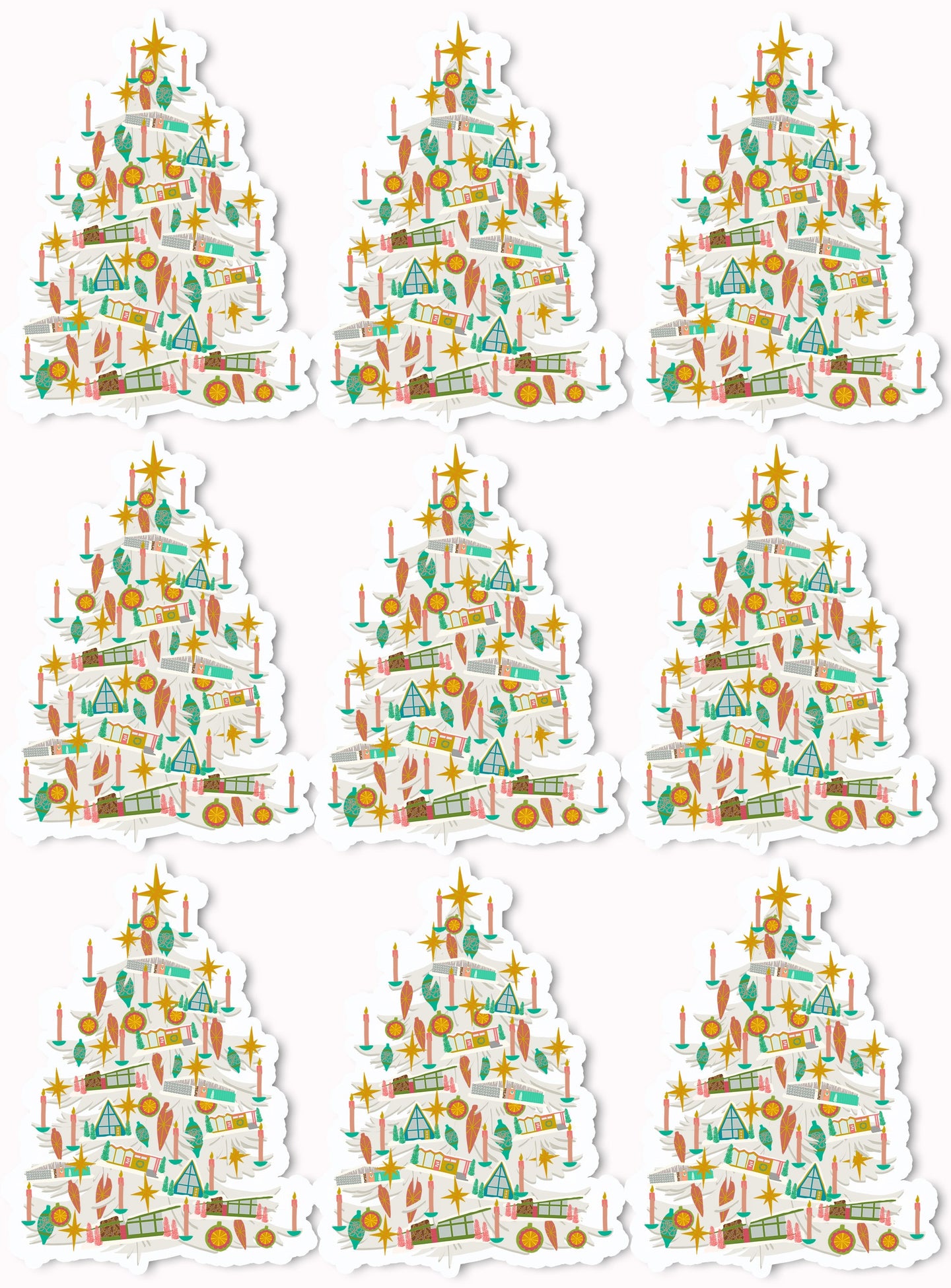 Mid Century Modern Putz Houses Christmas Tree Art Sticker Set