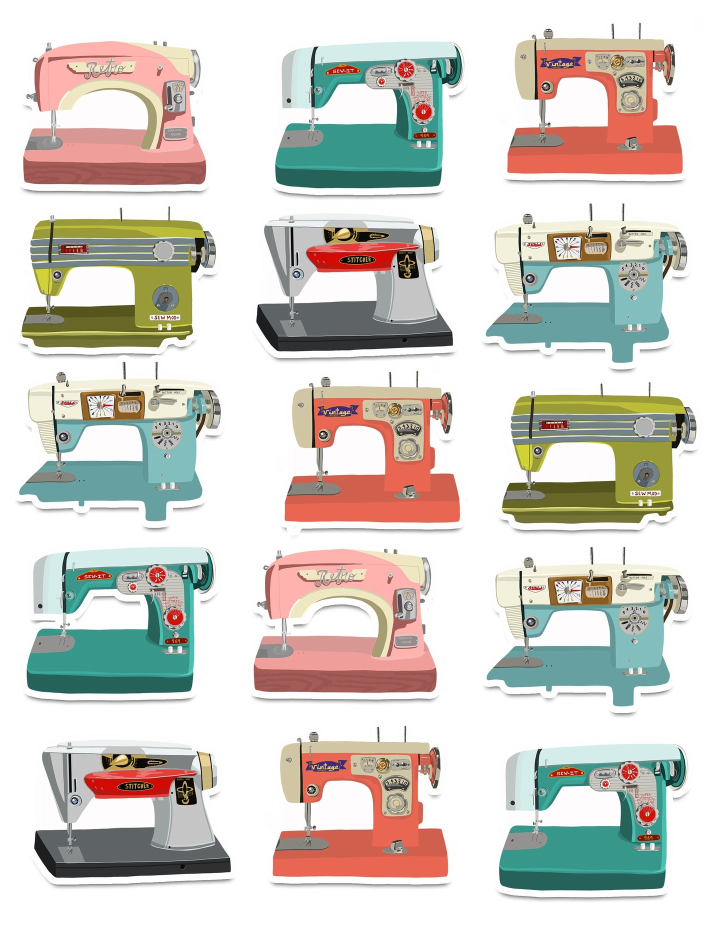 Vintage Sewing Machines Art Sticker Set