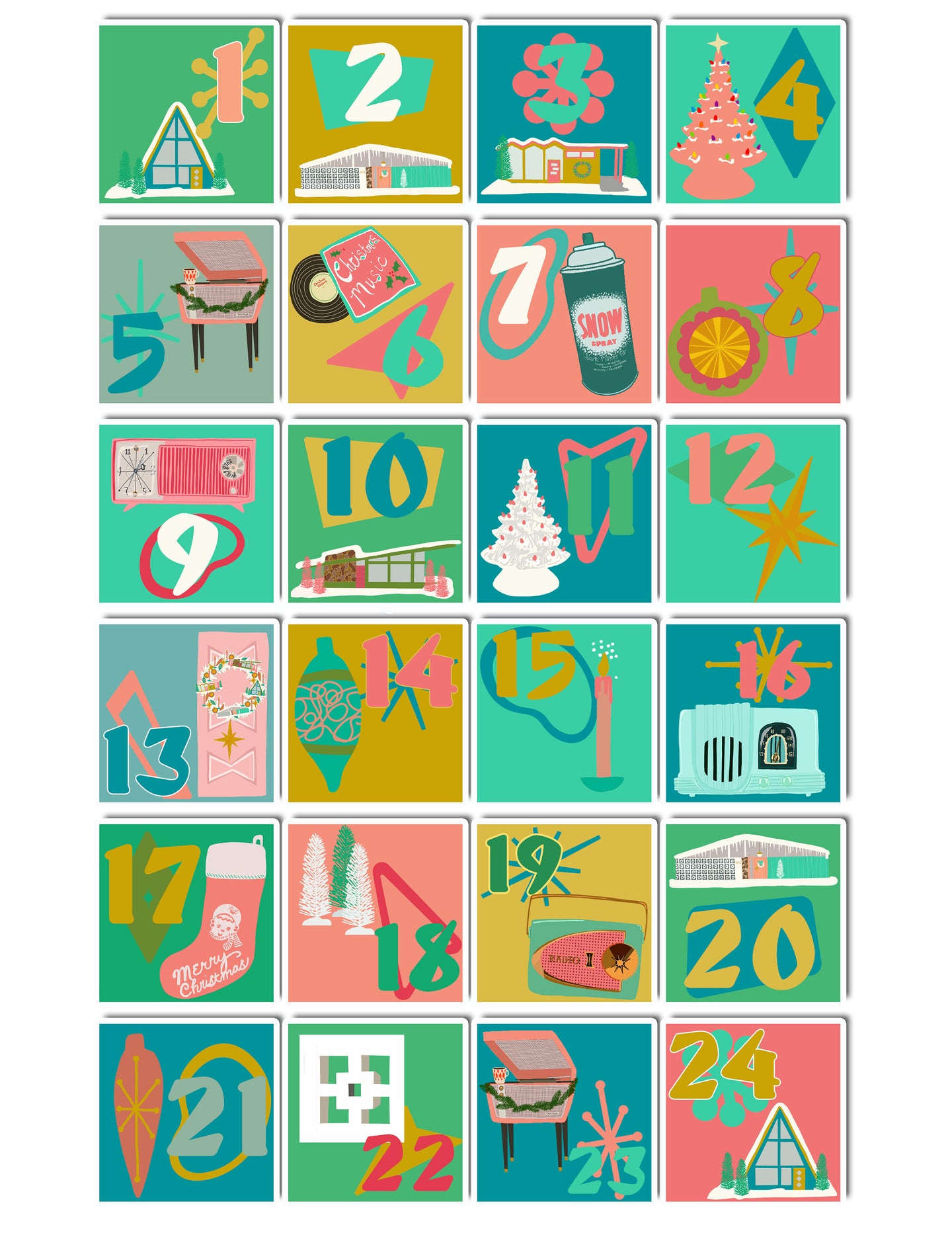 Mid Mod Christmas Advent Calendar Art Sticker Set